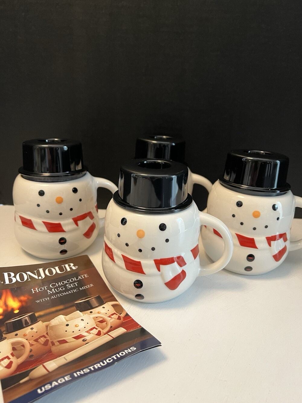 Williams Sonoma Snowman Mugs & Hats Set Of 4 Holiday Christmas Bonjour NOS